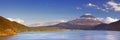 Mount Fuji and Lake Motosu, Japan on a clear afternoon